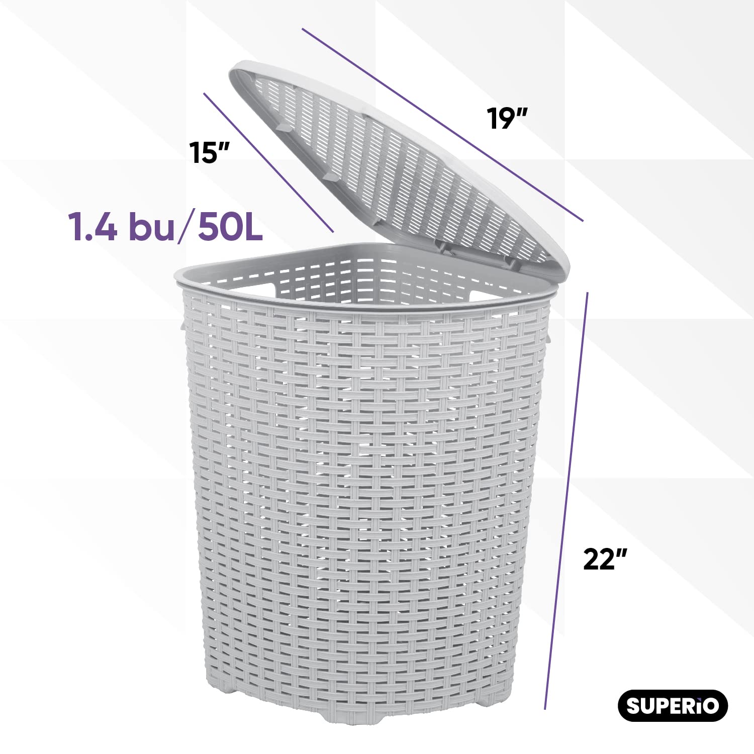 Plastic Corner Laundry Hamper With Lid, Curved Designed Laundry Basket, Triangle White Smoke Cloths Hamper Organizer With Cut-Ou